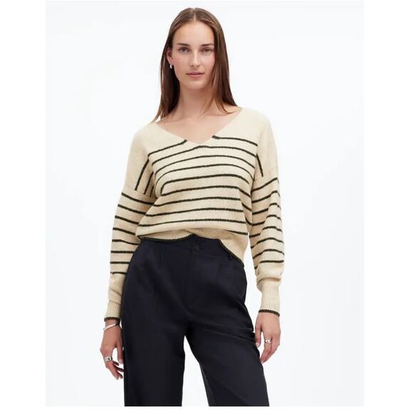 Madewell Merino Wool Blend V-Neck Cream Pullover Sweater Chic Green Striped Lg - Picture 1 of 7